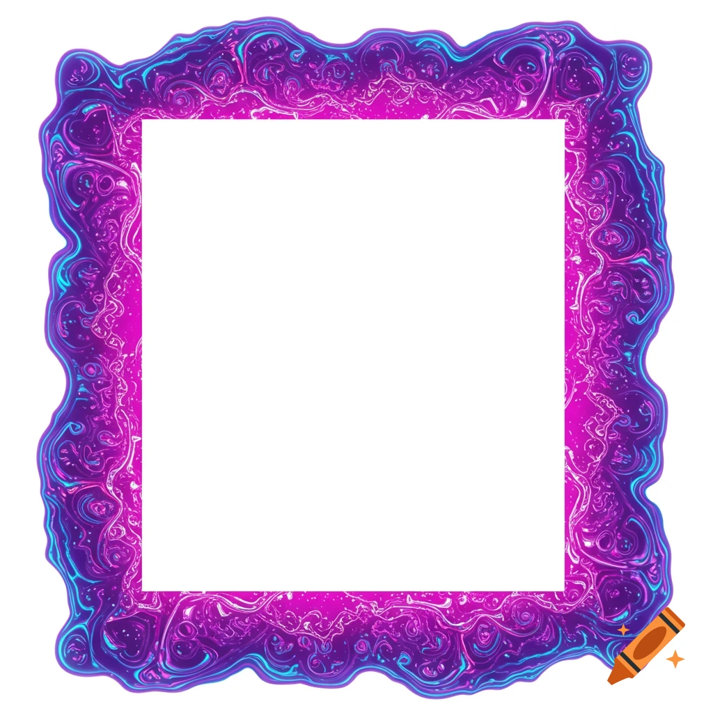A vibrant square frame with a wavy border in neon purple, pink, and blue fluid patterns around a white center.