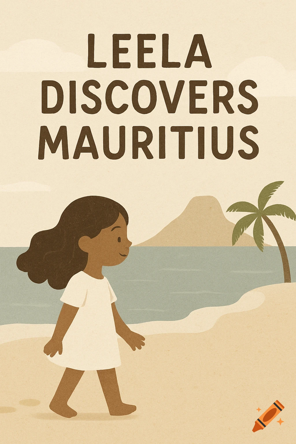 Minimalist illustration of a young girl walking on a beach with a mountain and palm tree, title 'Leela Discovers Mauritius'.