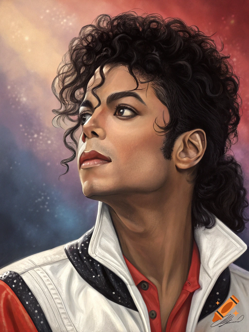 A vibrant digital portrait of Michael Jackson looking upwards, with a colorful, starry background.