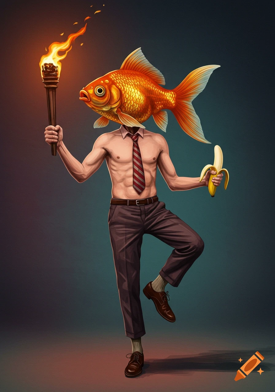 A surreal illustration of a shirtless man with a goldfish head, holding a flaming torch and a banana, balancing on one leg.