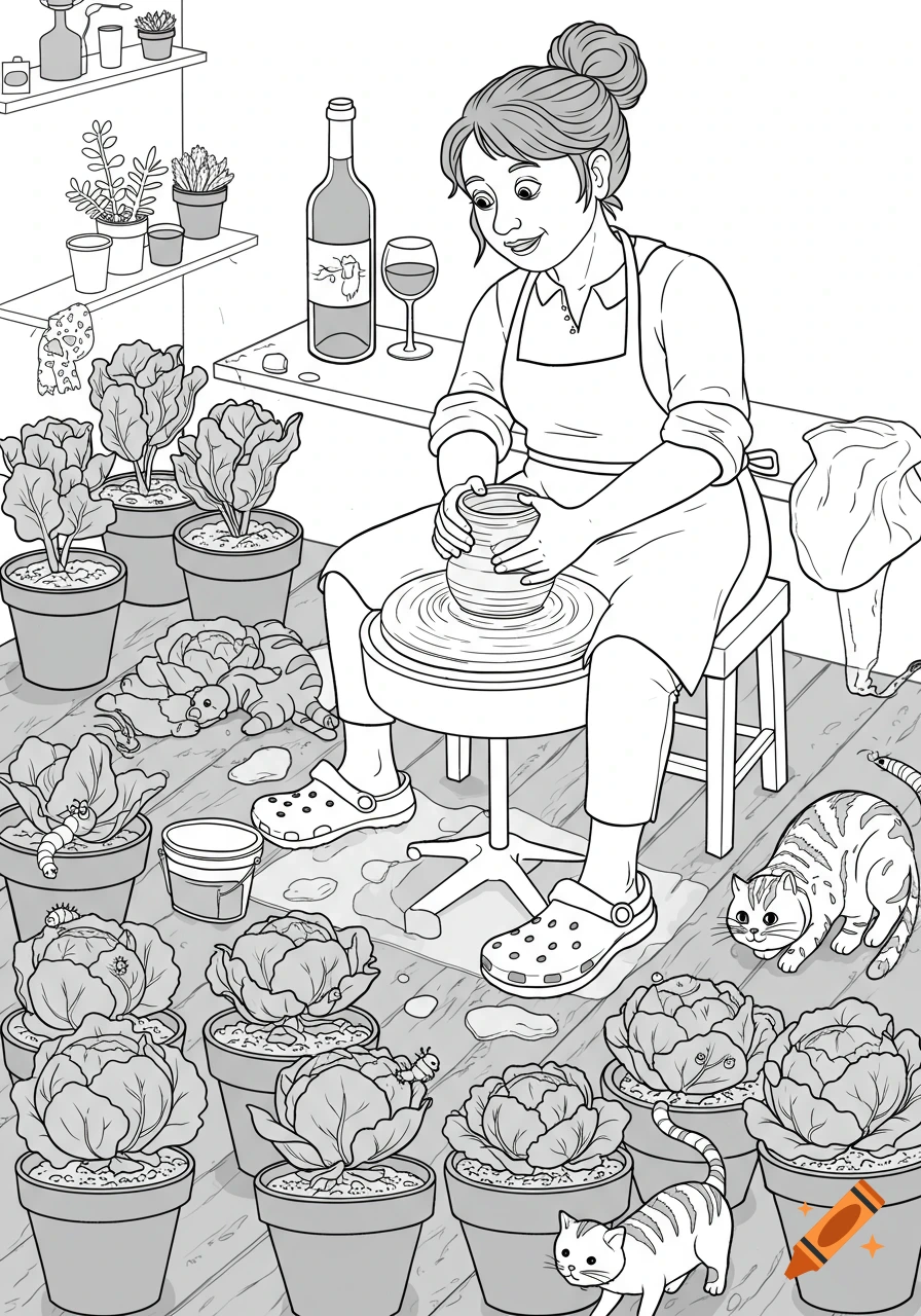 A black and white line art illustration of a woman in an apron and Crocs making pottery, surrounded by potted cabbages with caterpillars, cats, a wine bottle, and a glass.