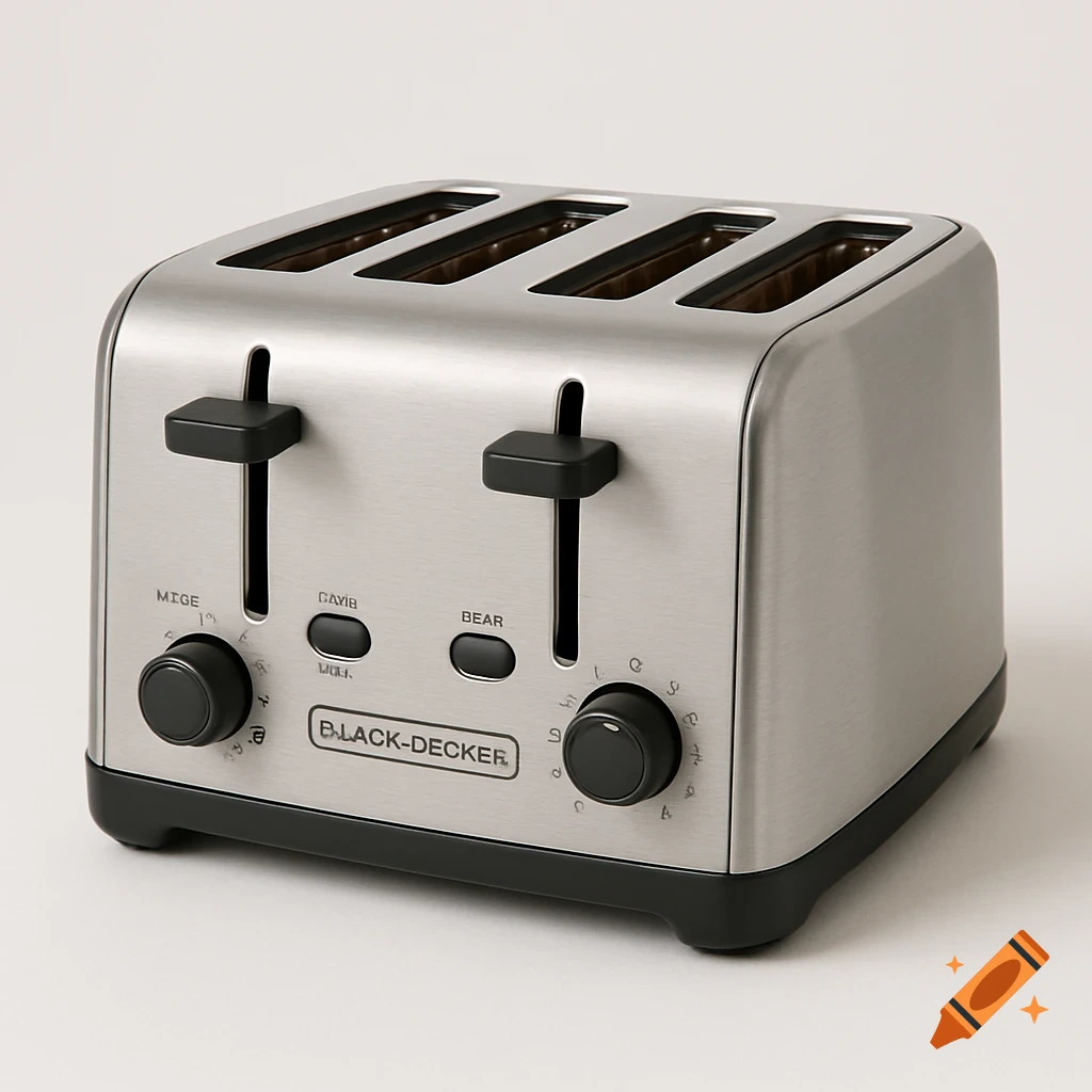 A photorealistic four-slice toaster with a brushed stainless steel finish and black controls on a white background.