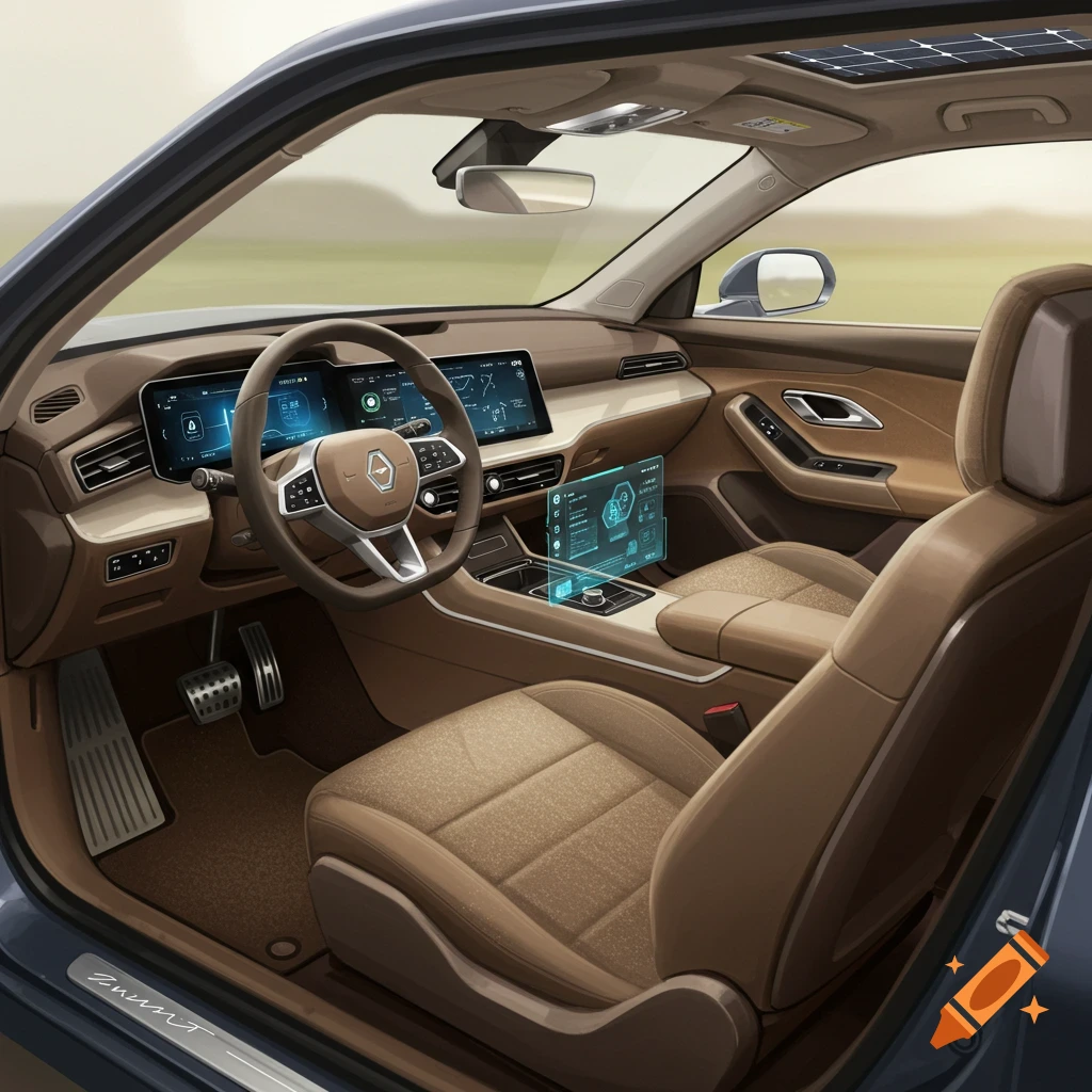 Interior view of a modern car, featuring a detailed dashboard with digital screens, steering wheel, brown seats, and a solar panel sunroof.
