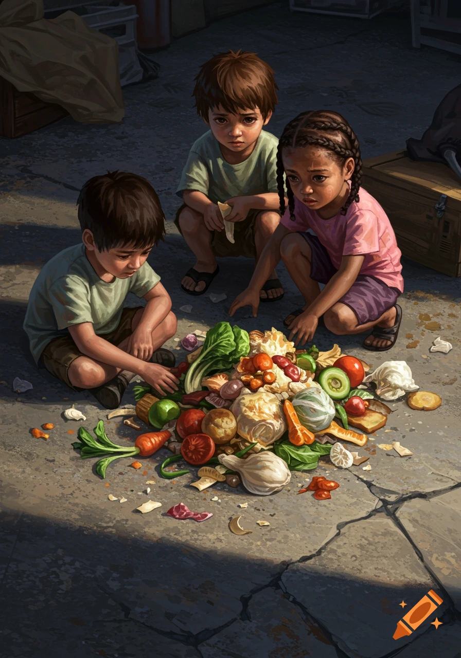 Three sad-looking children, two boys and one girl, crouch around a pile of dirty food scraps on a cracked concrete ground, looking somber.