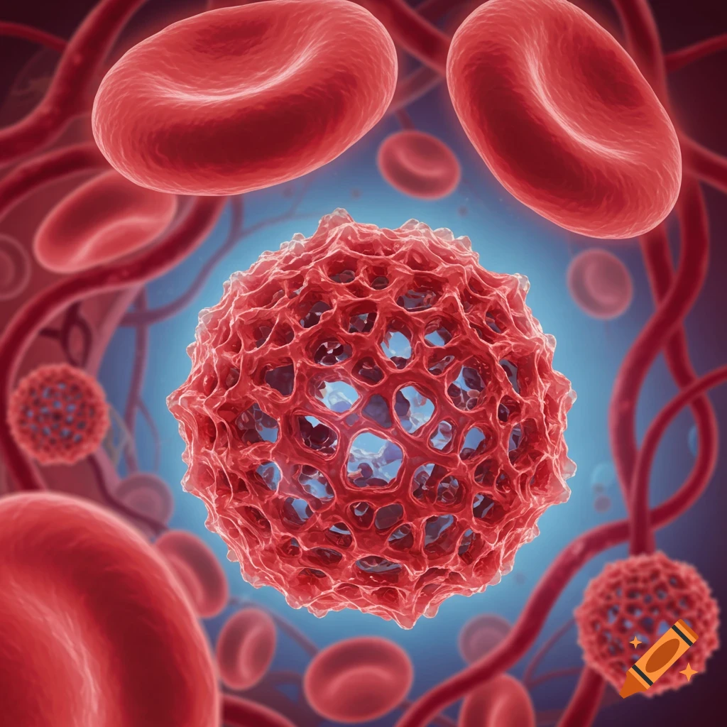 A microscopic illustration of red blood cells and a reticulocyte, against a blue background.