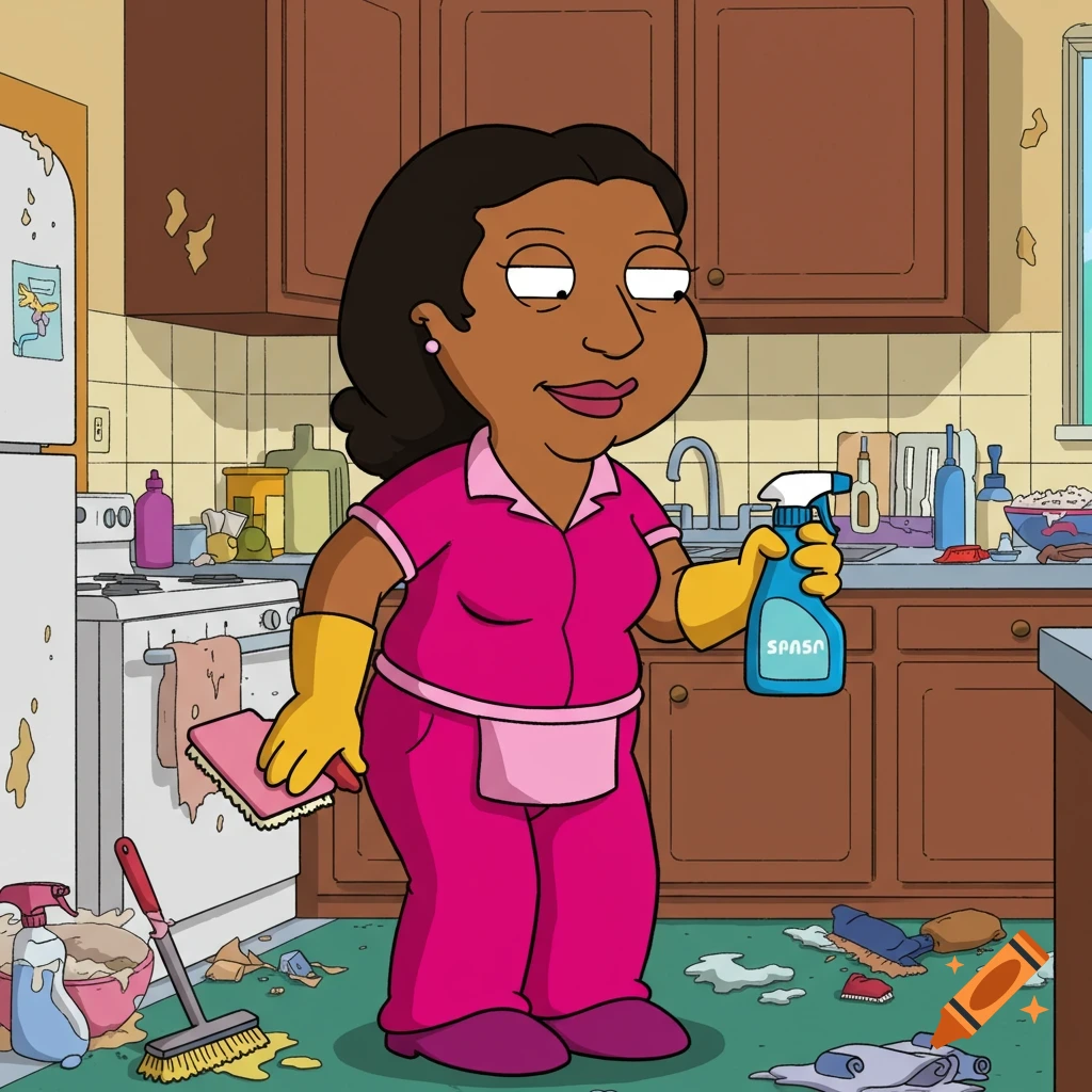 A cartoon character, Consuela from Family Guy, in a pink uniform and yellow gloves, stands in a messy kitchen holding a spray bottle and a sponge.