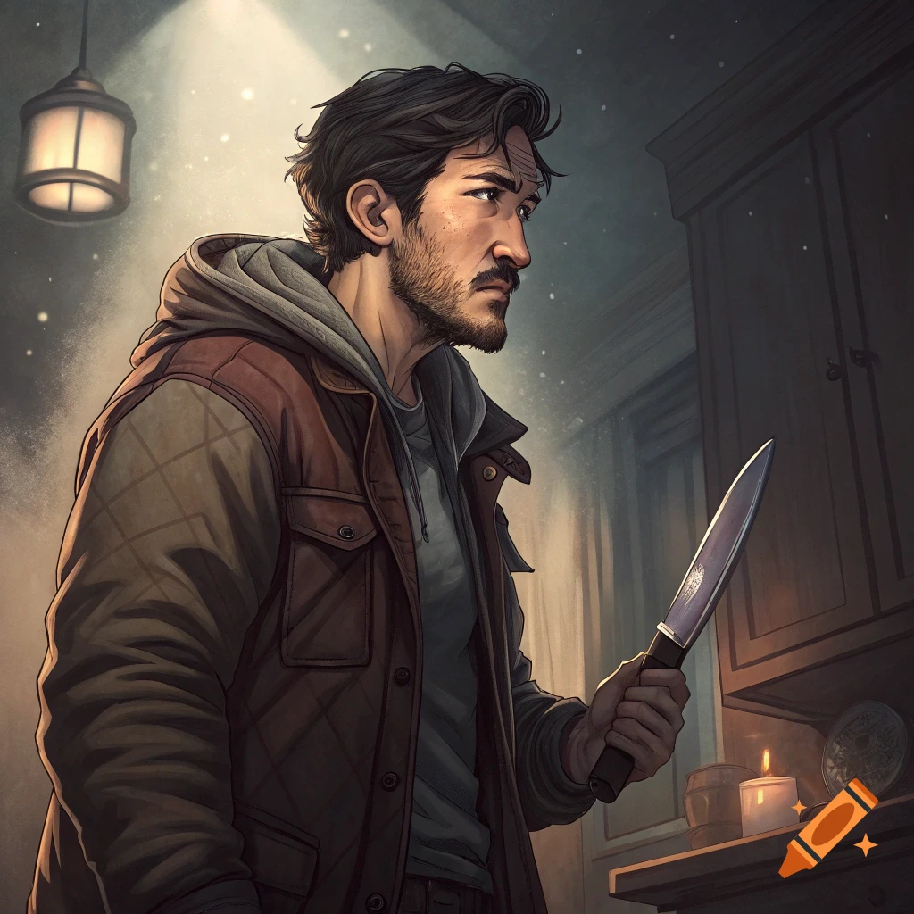 An illustrated man resembling Markiplier, with a beard and brown jacket, stands in a dimly lit room, holding a large knife.