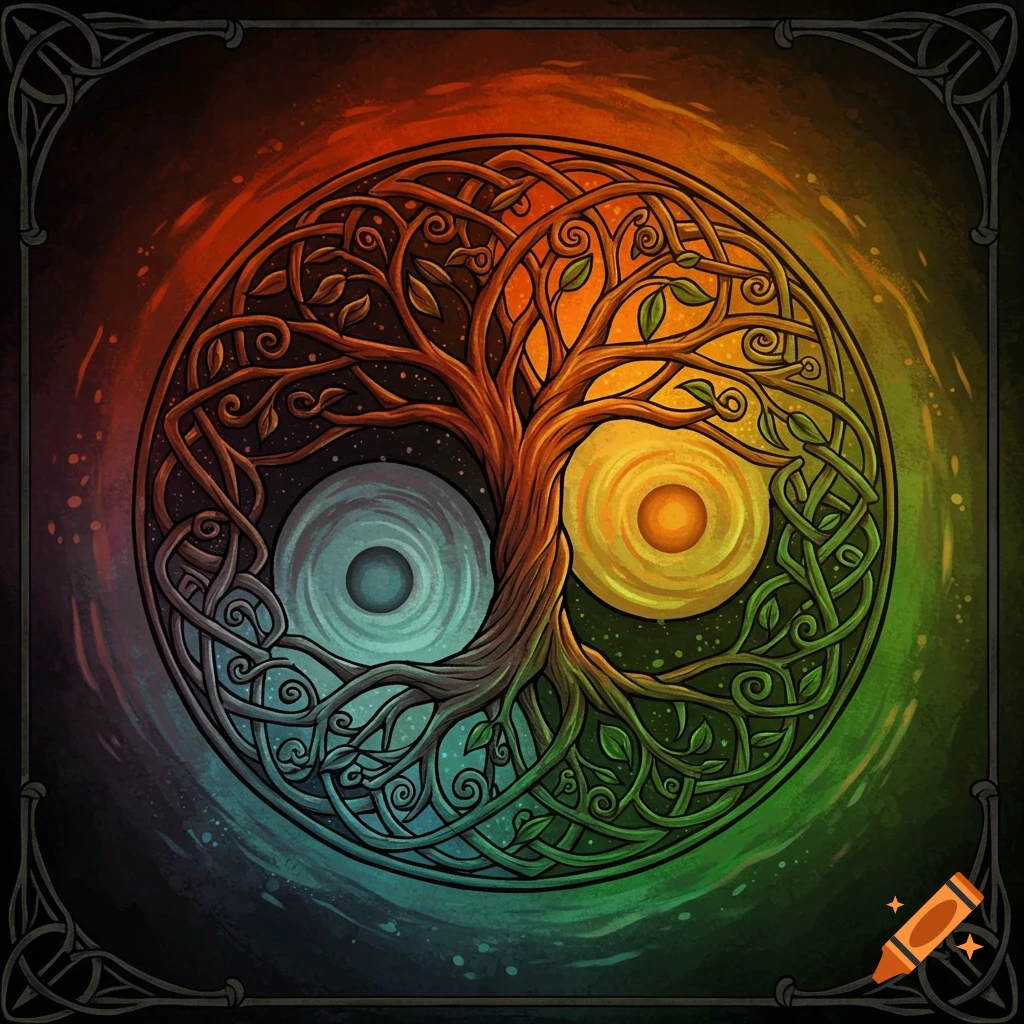 A vibrant Celtic Tree of Life in the form of a Yin Yang symbol, featuring warm and cool colors in a tattoo style.