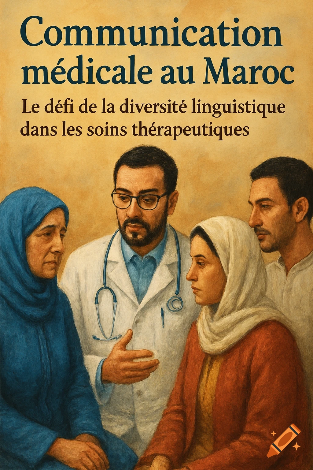 Illustration of a doctor speaking to two women and one man, with French text about medical communication in Morocco.