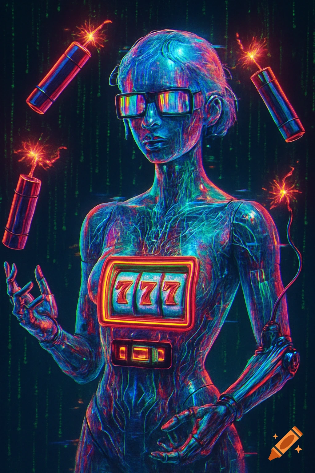 A futuristic, neon-colored cyborg with a slot machine in her chest, juggling dynamite against a digital rain background.