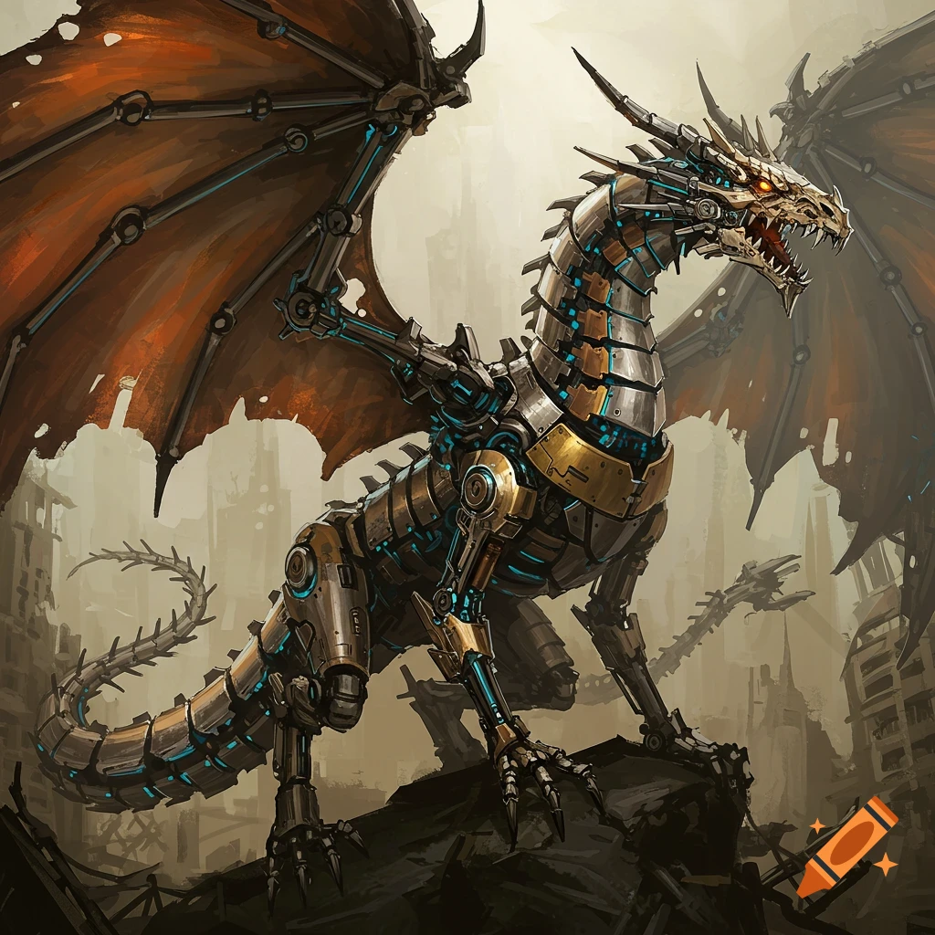 A detailed steampunk-style mechanical dragon with bronze and steel plating and glowing blue accents stands in a ruined city.
