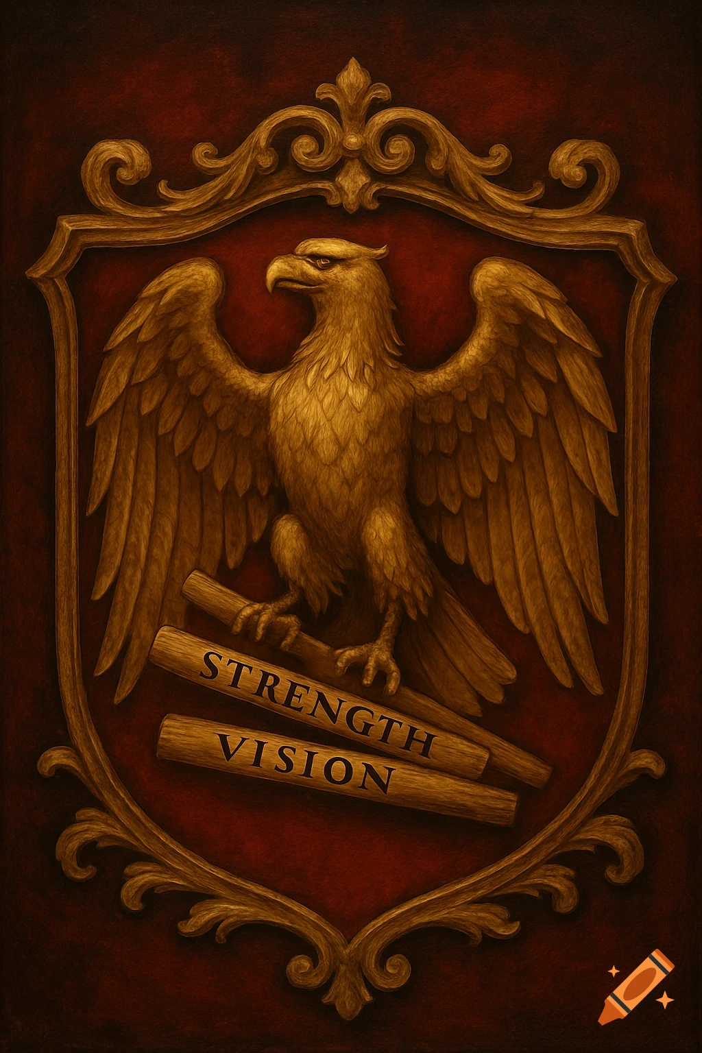 A golden eagle on a crimson and gold crest, perched on two wooden logs inscribed with 'STRENGTH' and 'VISION' in a fantasy art style.