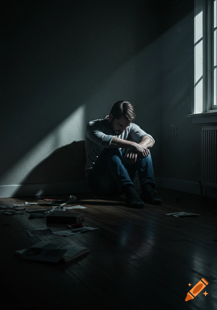 A man sits on a dimly lit wooden floor in a dark room, head bowed, illuminated by a beam of light from a window, with papers scattered around him, in a hyper-realistic, dramatic lighting style.