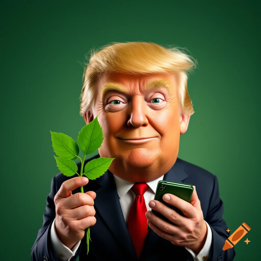 Cartoon caricature of Donald Trump holding a green leaf and a smartphone against a green background.