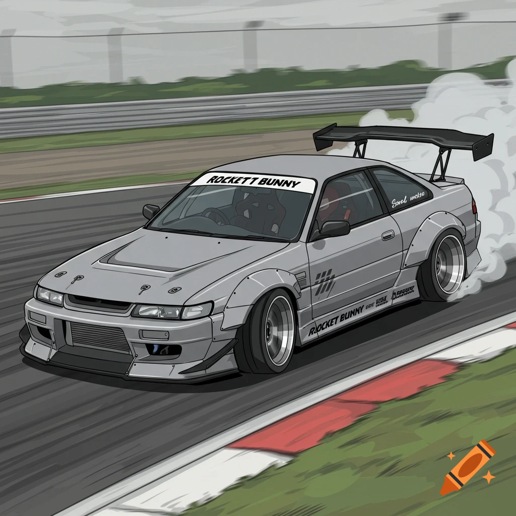 A grey JDM car with a Rocket Bunny body kit drifts on a race track, leaving a trail of smoke. The car is depicted in a vector art style.