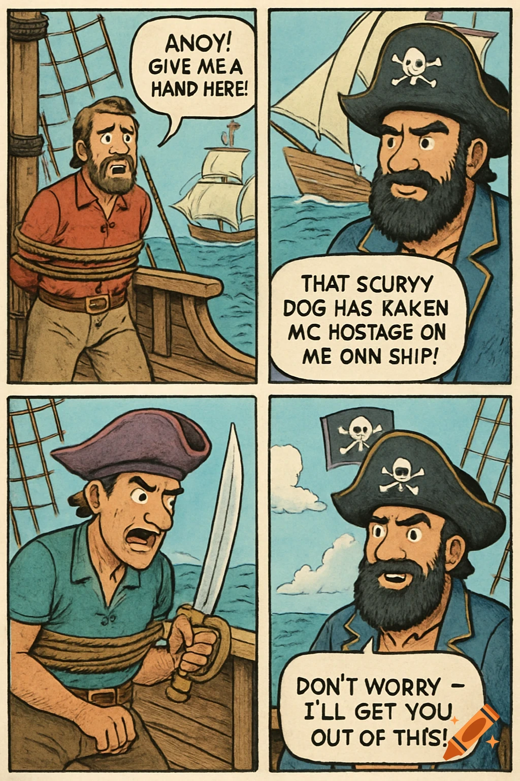 A four-panel comic. A man tied to a mast on a pirate ship asks for help. A bearded pirate states the man was taken hostage. Another pirate draws a sword. The bearded pirate promises to free the man.