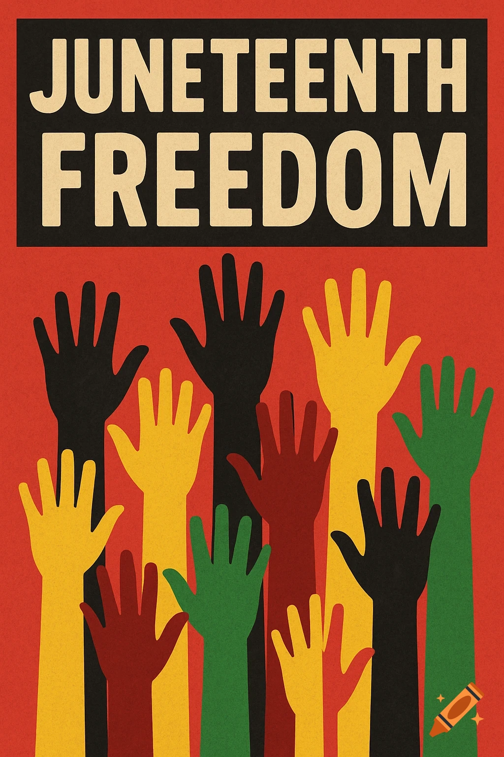 Juneteenth Freedom poster with raised hands in black, yellow, red, and green against a red background.