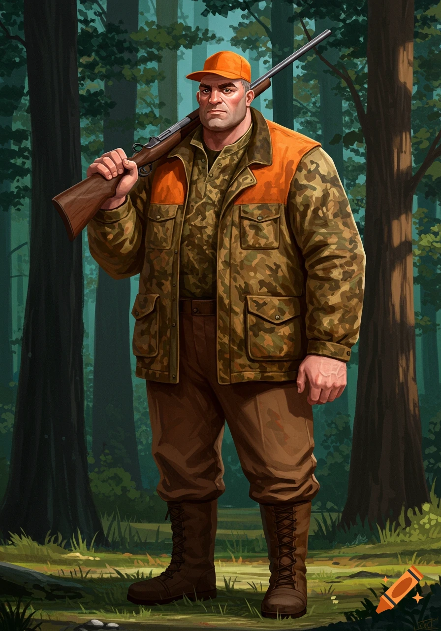 A tall, muscular man in camouflage hunting attire and an orange cap, holding a rifle, stands in a forest.