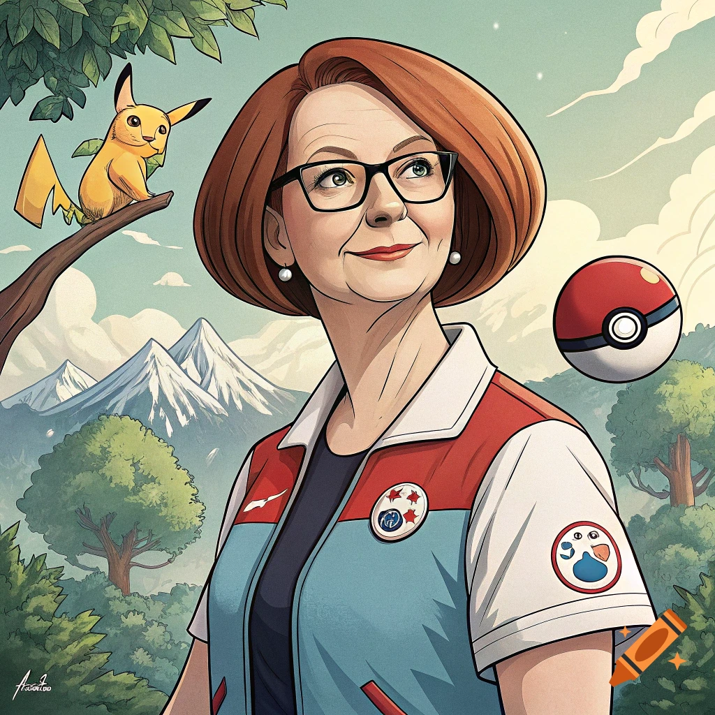Cartoon of Julia Gillard as a Pokemon trainer, wearing a blue and red jacket, with Pikachu on a branch and a floating Poke Ball in a mountain landscape.