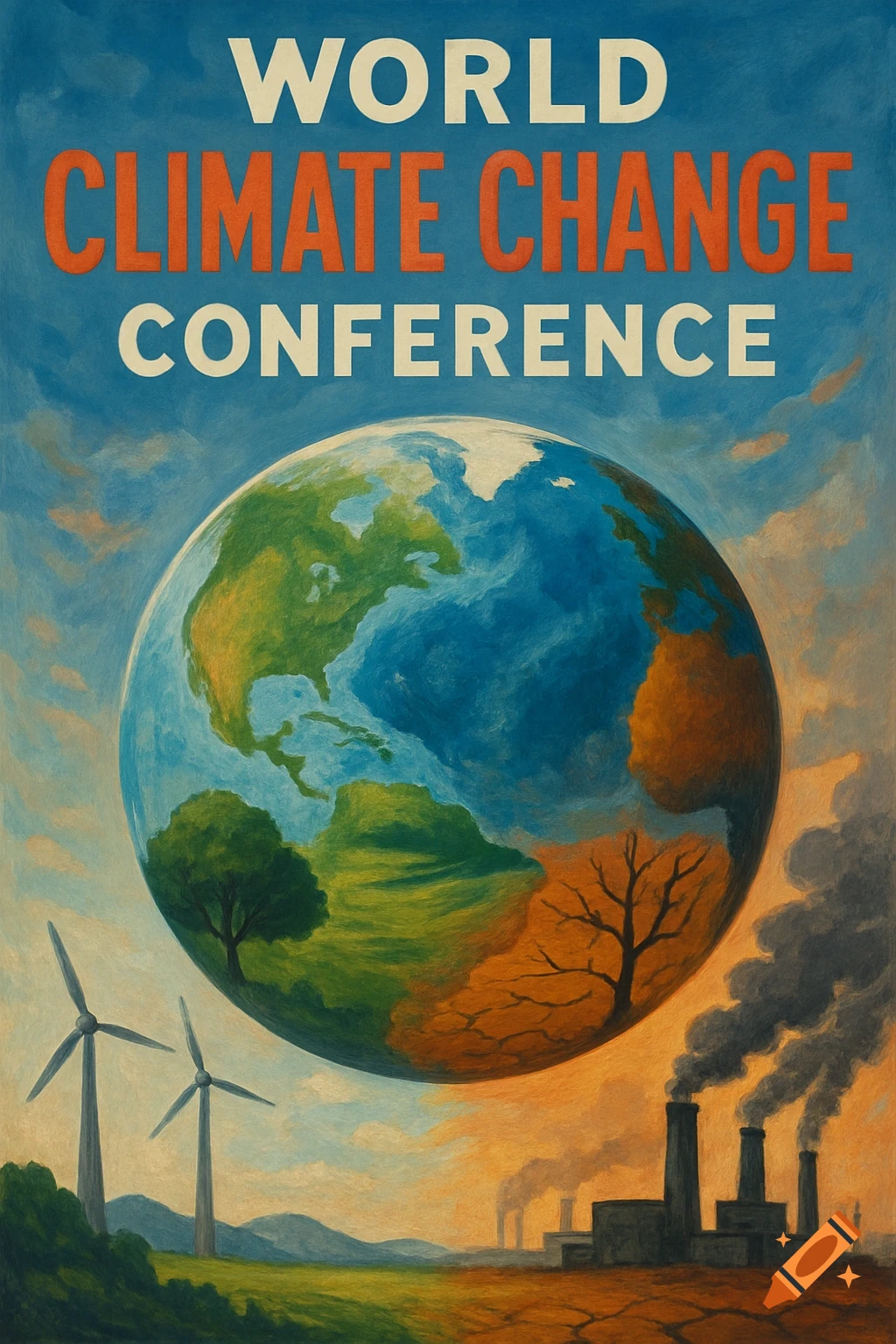 A stylized poster showing a world split between lush green and arid, cracked land, with wind turbines on one side and smoking factories on the other, under the text "WORLD CLIMATE CHANGE CONFERENCE."