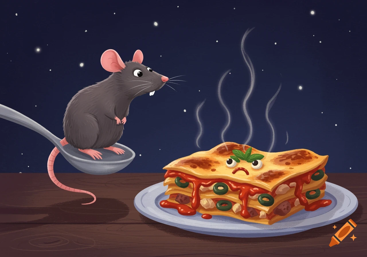 A cartoon illustration of a cute rat on a spoon looking at a grumpy ...