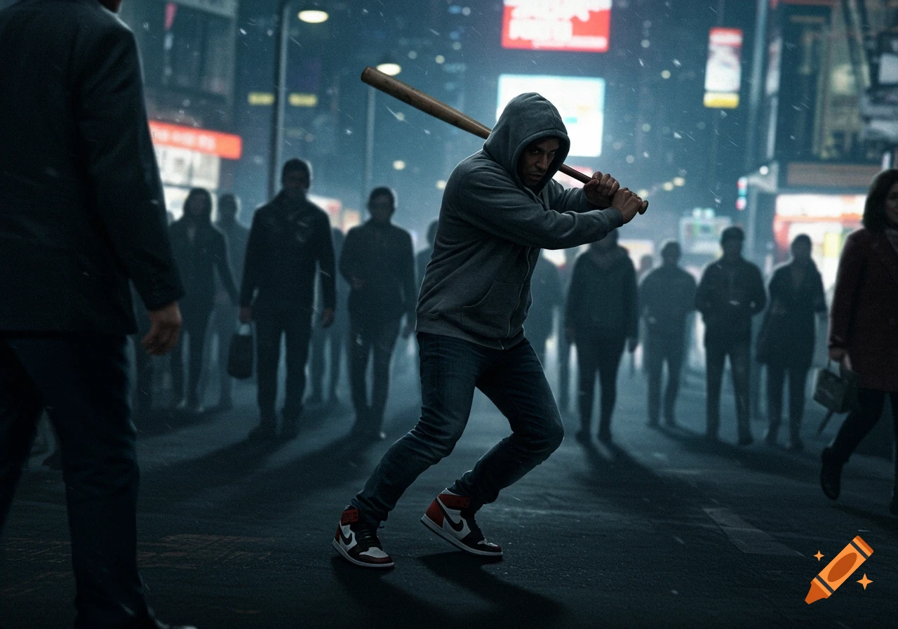 A person in a gray hoodie and Nikes swings a baseball bat on a dark, rainy city street, surrounded by blurred figures.