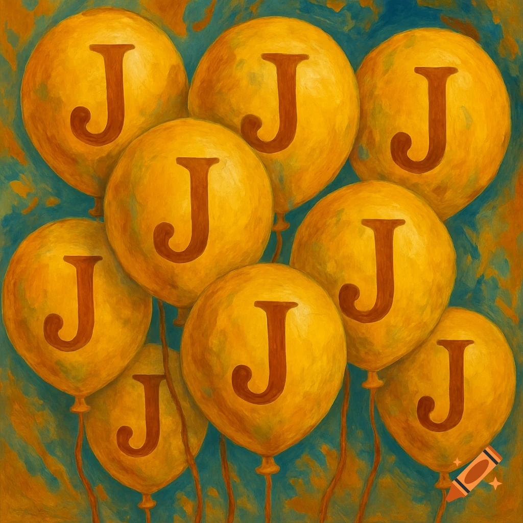 A painting of multiple yellow balloons with the letter J on each, against a textured blue and teal background.