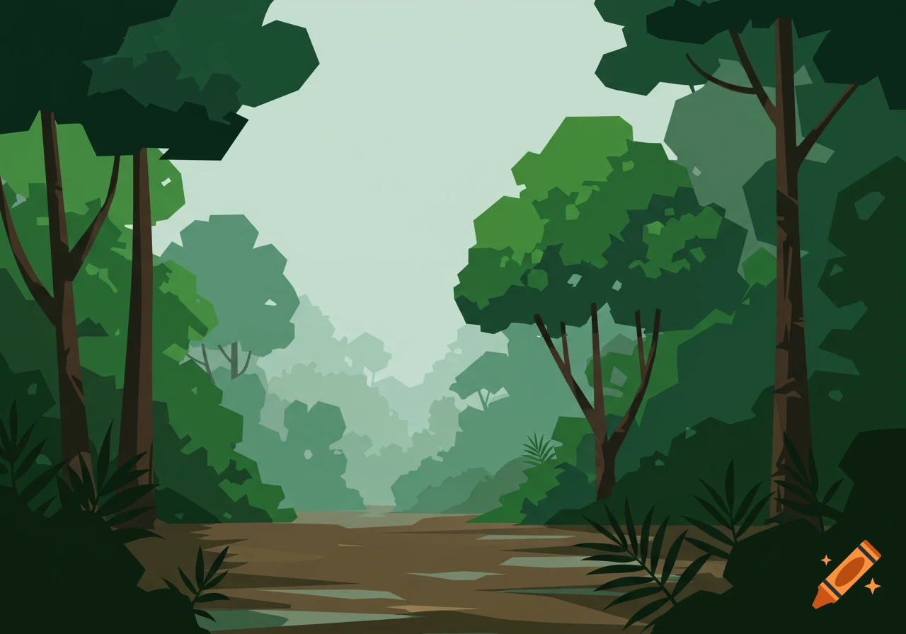 A minimalist, cell-shaded illustration of a dense green rainforest with a path leading through it.
