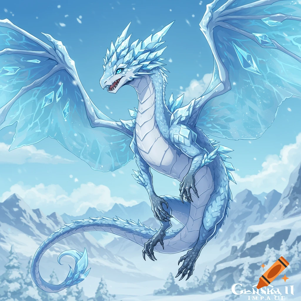 An ice dragon with blue and white scales and crystalline wings flies through a snowy mountain landscape under a clear sky, in an anime style.