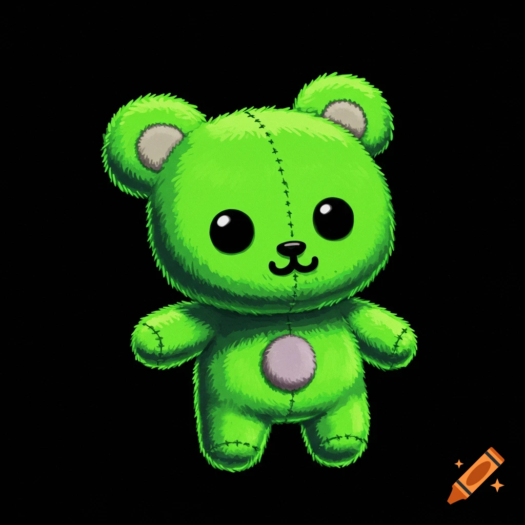 A cute, bright neon green plush teddy bear with big black eyes and stitched seams stands on a black background.