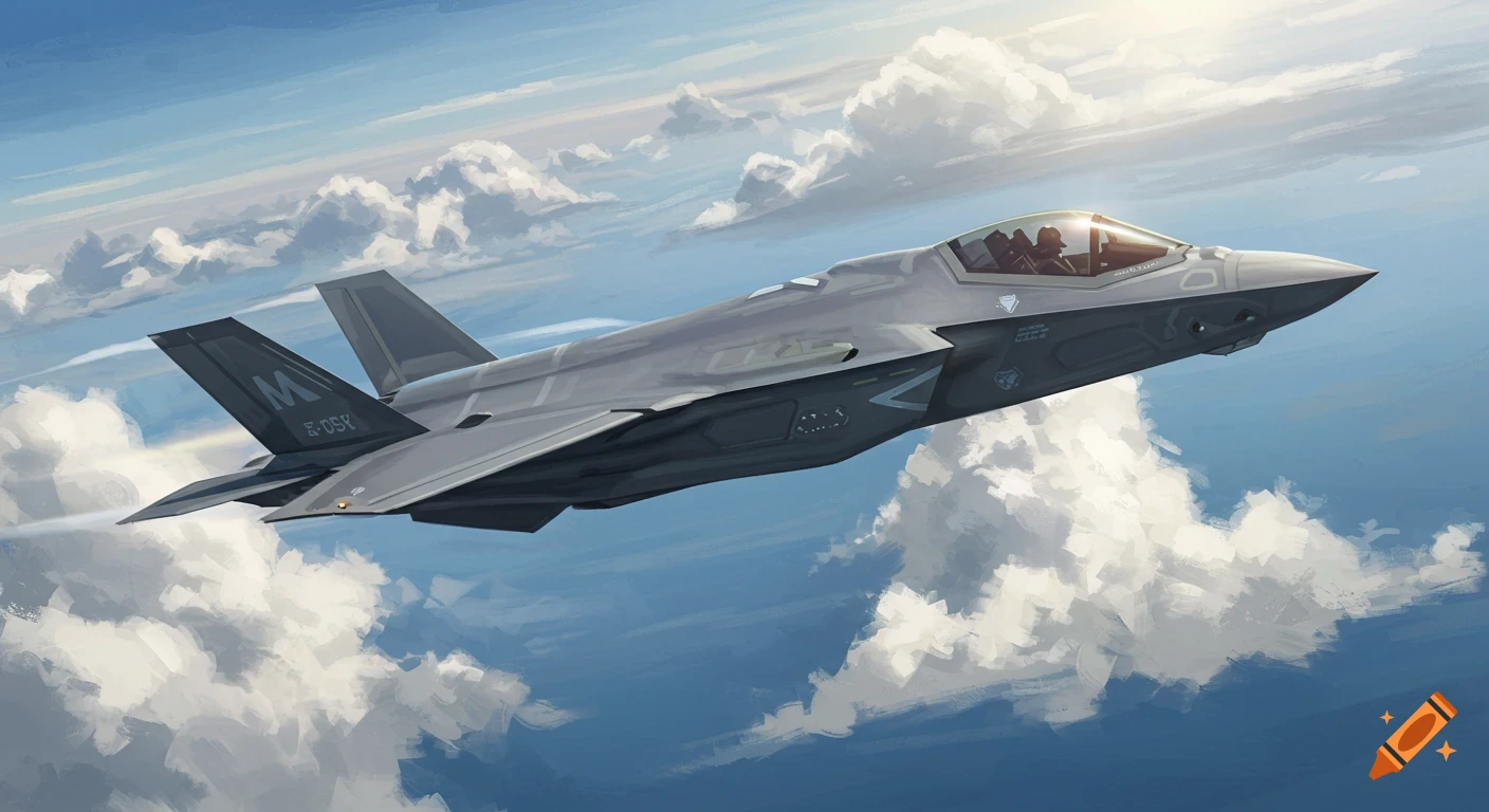 An F-35 fighter jet in flight, seen from below, against a blue sky with white clouds. The jet is grey with markings on its tail.