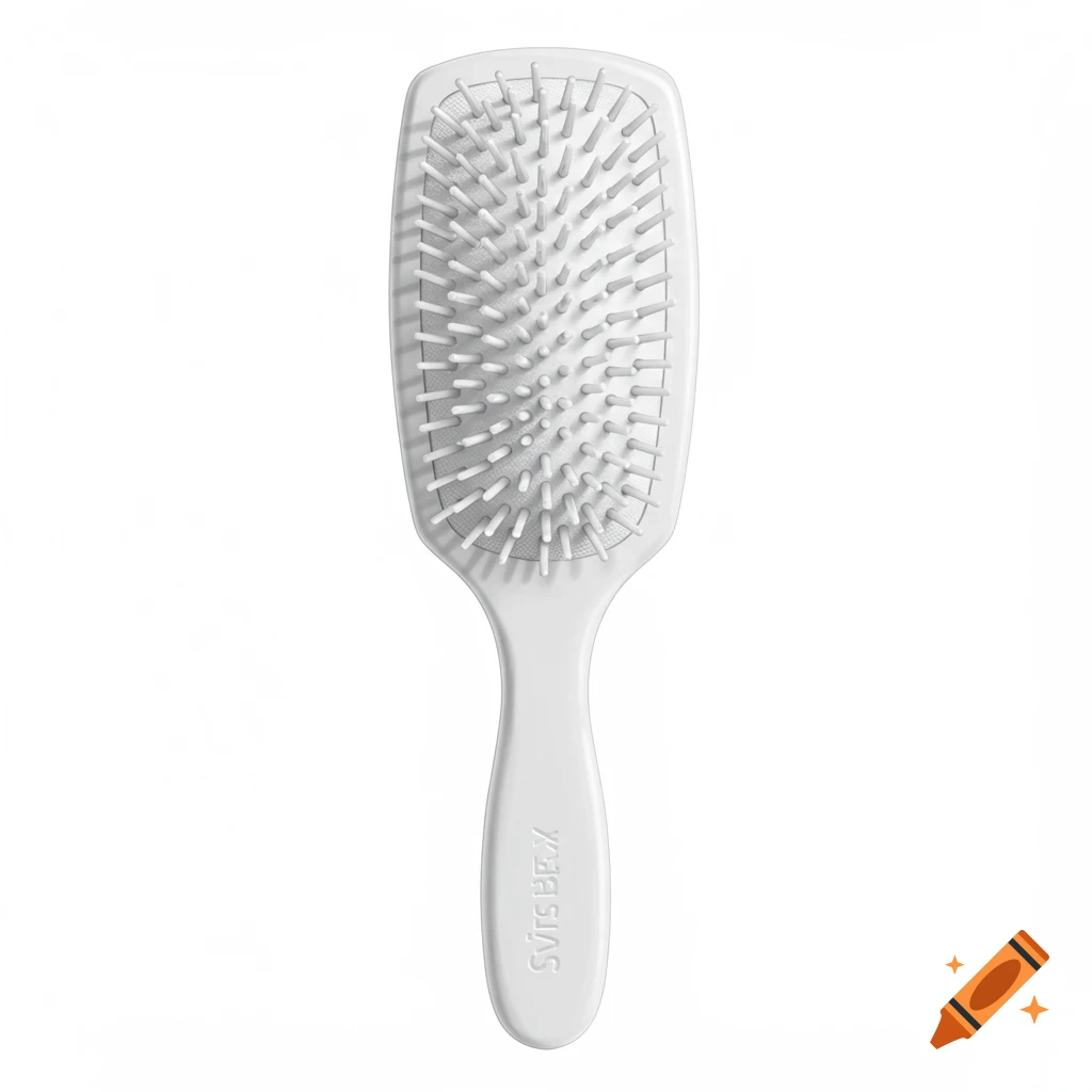 A minimalist, monotone white hair paddle brush, viewed from the back, with an embossed label on the handle.