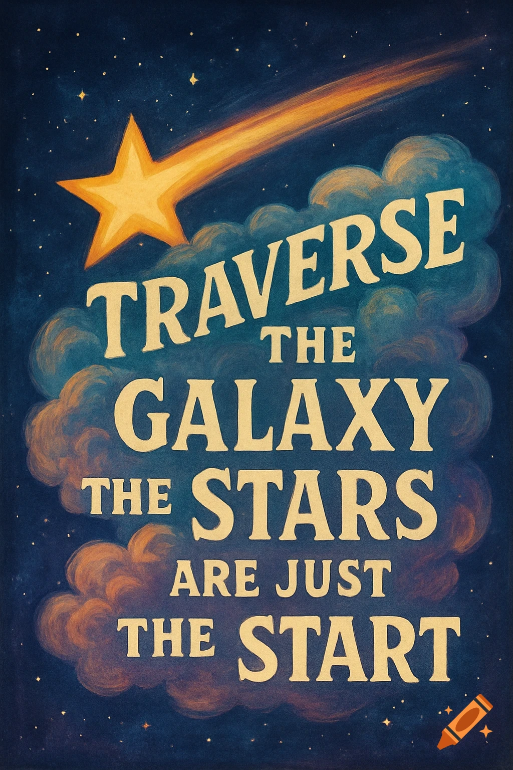 A vintage-style poster depicting a shooting star and clouds in a dark blue sky with the text, 'TRAVERSE THE GALAXY THE STARS ARE JUST THE START'.