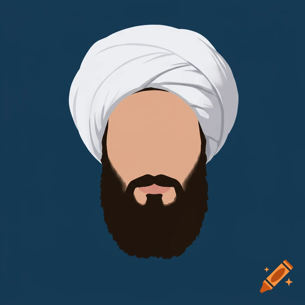 A minimalist illustration of a person wearing a white turban and a brown beard, with no facial features, against a dark blue background.
