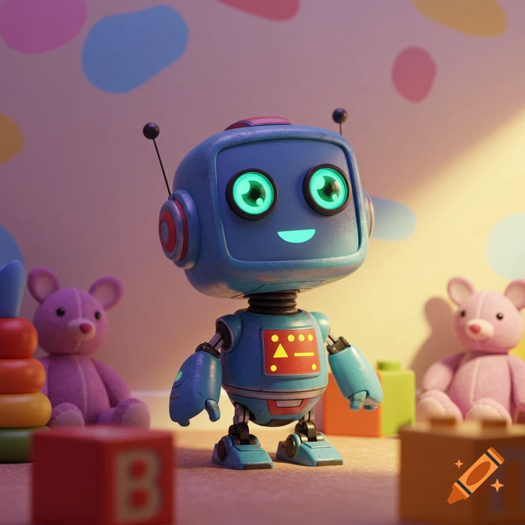 A cute blue robot with glowing green eyes and a smiling light stands in a playroom amidst colorful toys and blocks.