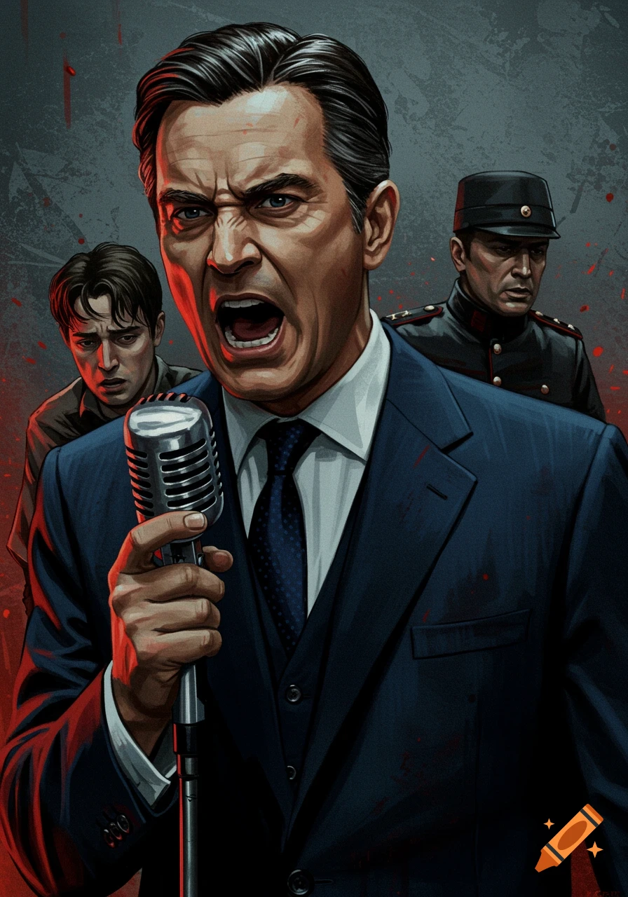 An illustration of a man screaming into a retro microphone, with a distressed man and a man in uniform in the background, set against a splattered red backdrop.