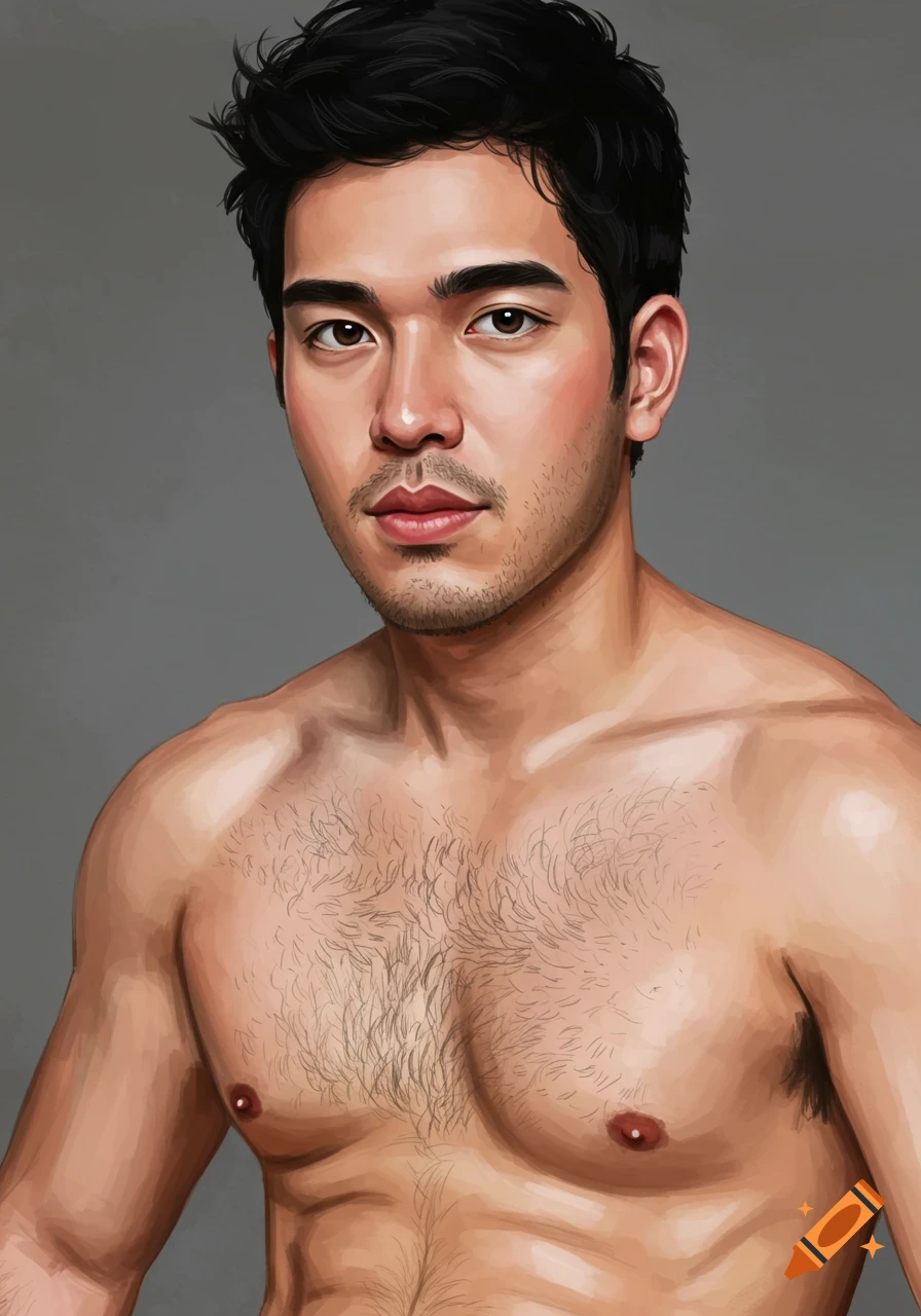 Digital painting of a shirtless man with black hair, stubble, and chest hair, against a gray background.