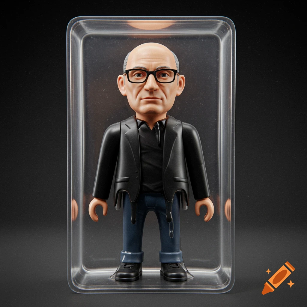 A melting figurine of a bald man with glasses in a black jacket and blue jeans, sealed in a clear plastic toy package, set against a dark background.