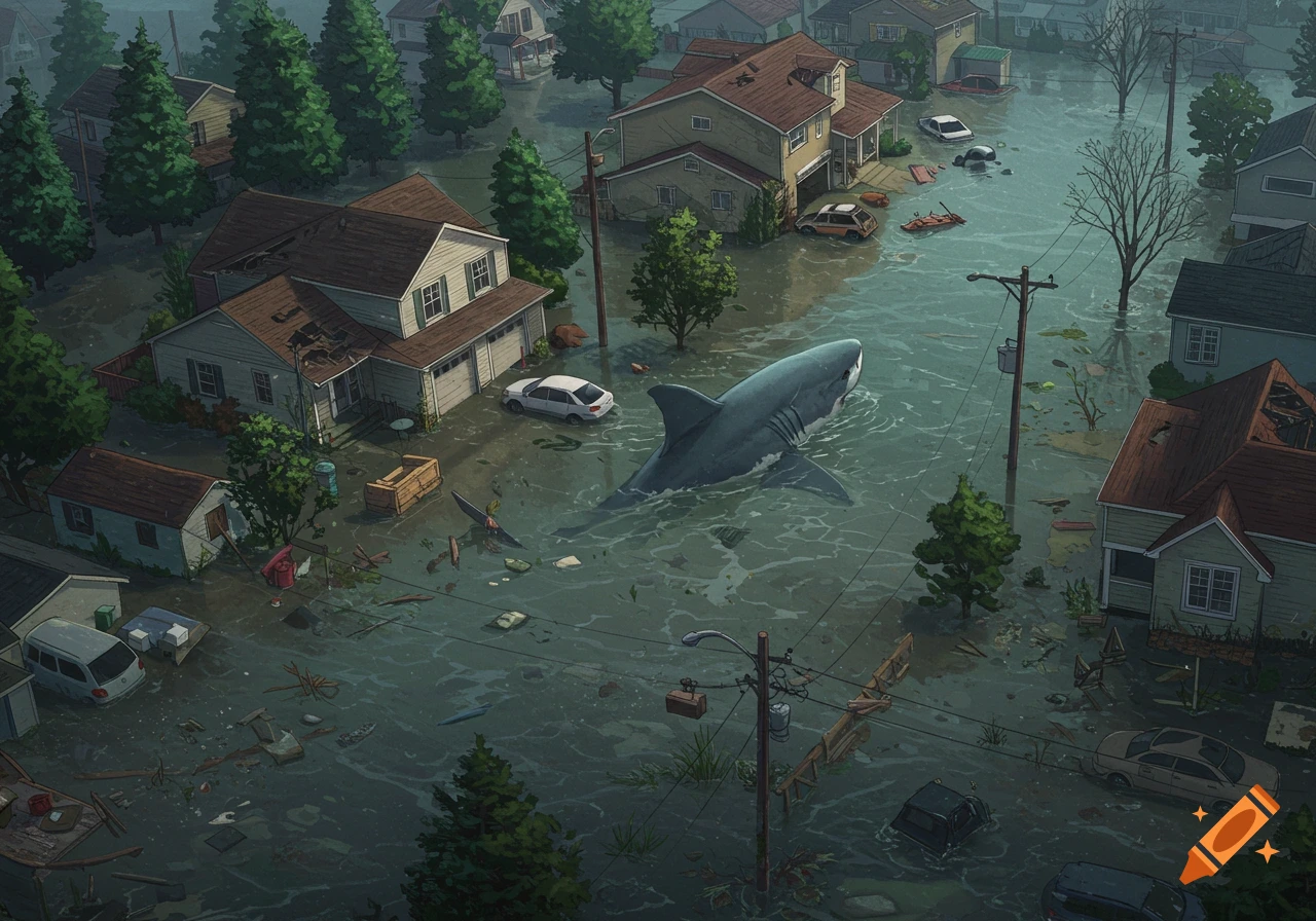 An illustrated scene of a large shark swimming through a flooded suburban street with submerged houses and cars.