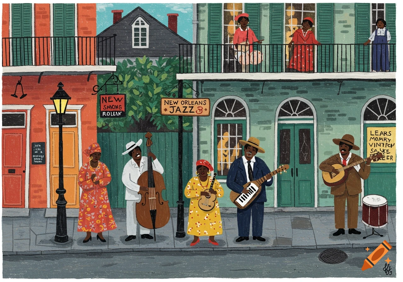 A vibrant folk art illustration of a New Orleans street with jazz musicians playing on the sidewalk and people on balconies.