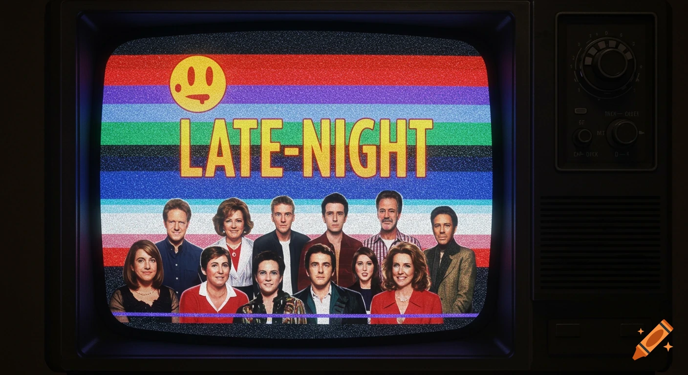 A retro CRT television screen displays a colorful broadcast with the words "LATE-NIGHT" and a group of diverse people below.