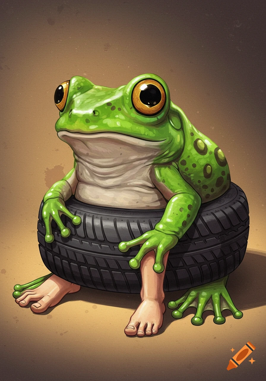 A green frog with big eyes sits inside a black tire, with human feet emerging below, in a whimsical illustrated style.