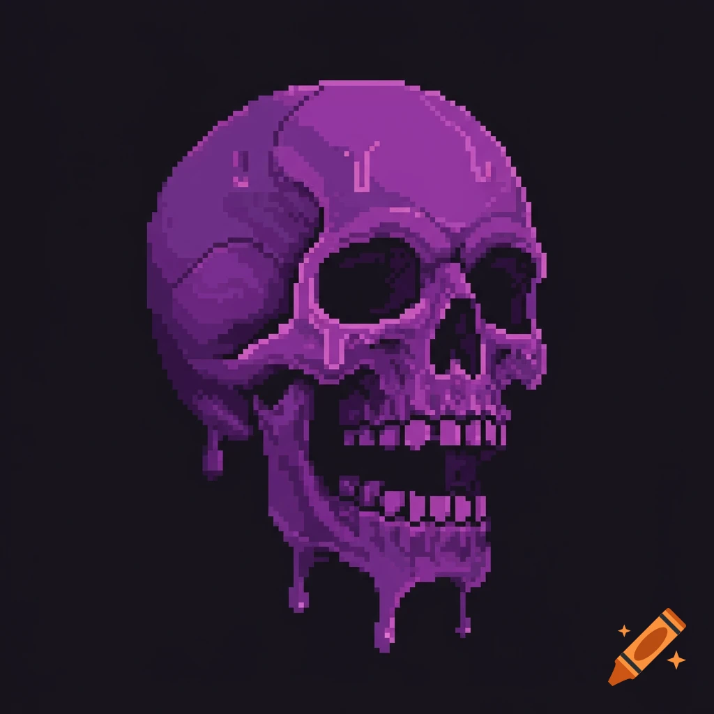A purple melting skull in pixel art style on a black background.