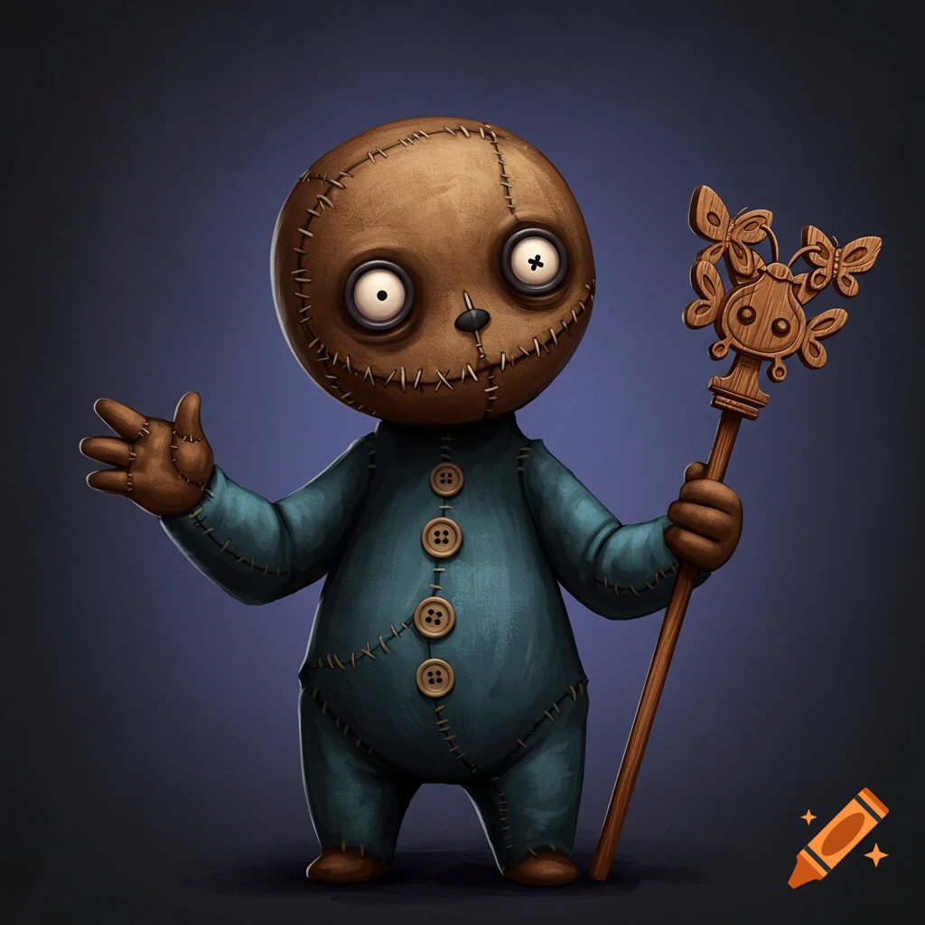 A brown ragdoll puppet with button eyes and stitches, wearing a blue outfit, holding a wooden staff.
