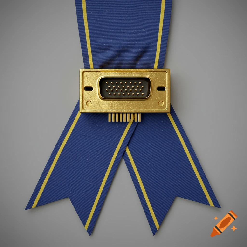 A blue medal ribbon with yellow stripes, featuring a gold VGA connector in the center against a grey background.