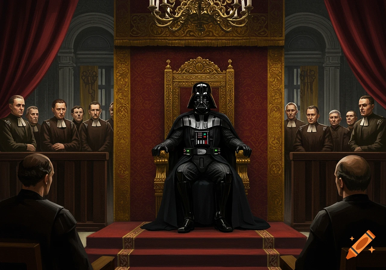 Darth Vader sits on a golden throne in a lavish red and gold court, surrounded by observing officials.
