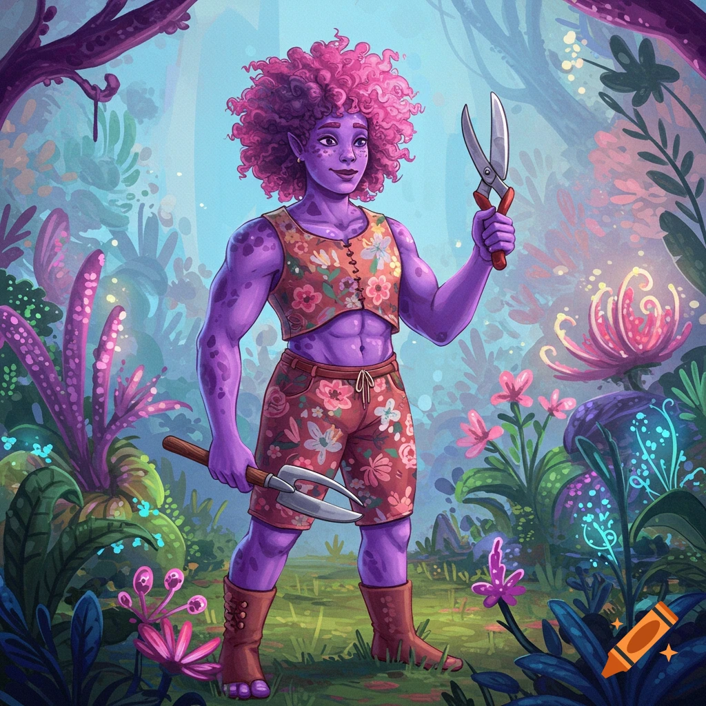 A muscular purple alien with pink curly hair and floral clothes holds gardening tools in a vibrant fantasy garden.