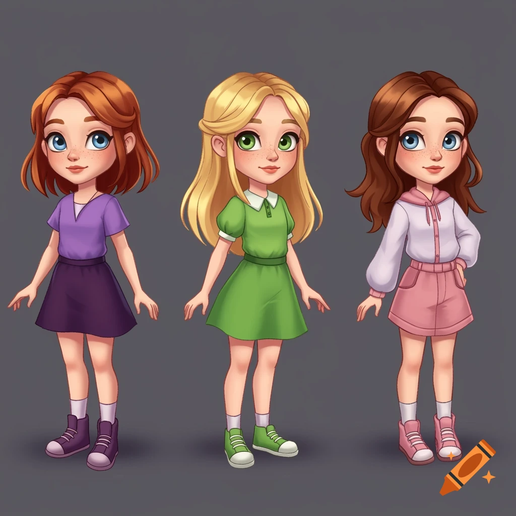Three cartoon girls stand on a grey background: one with red hair in purple, one with blonde hair in green, and one with brown hair in pink.