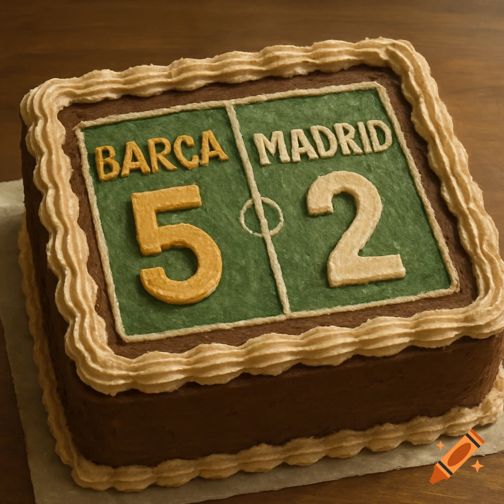 A realistic chocolate cake decorated like a soccer scoreboard, showing 'BARCA 5' and 'MADRID 2' in edible frosting.