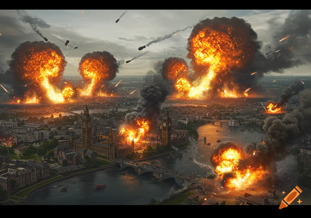 An aerial view of London under attack, with multiple large explosions and mushroom clouds rising above famous landmarks like Big Ben and the River Thames, under a smoke-filled sky.